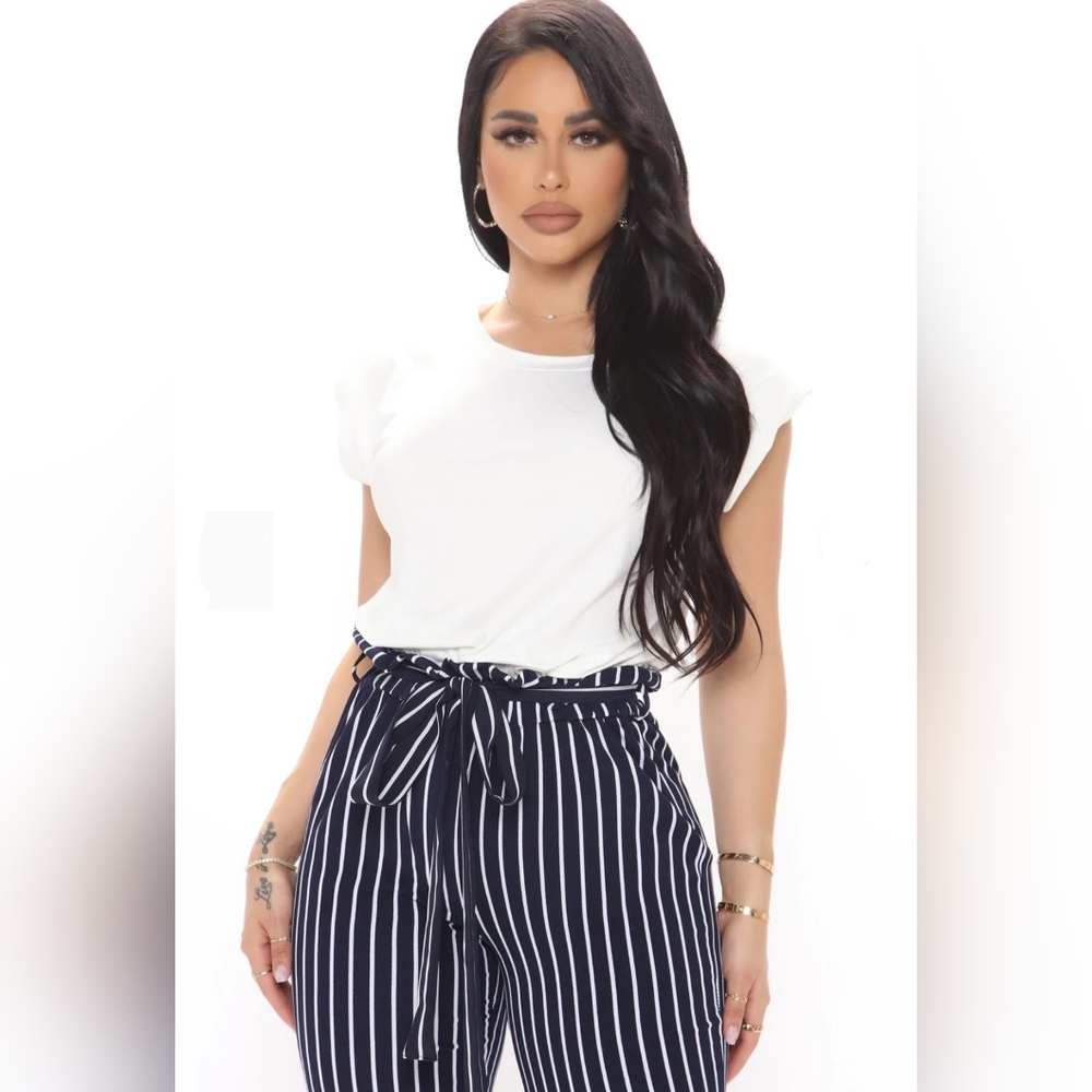 Fashion Nova Come Back Stripe White/Navy Combo Jumpsuit